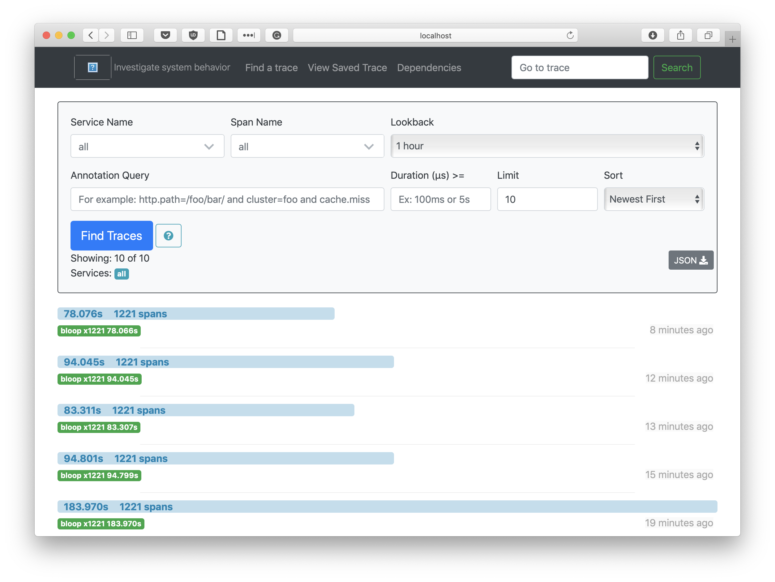 A Zipkin instance with build traces from the akka/akka project